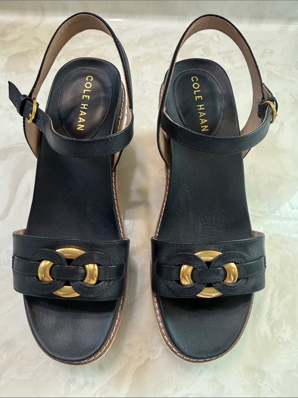 Cole Haan Black Leather Slingback Sandals with Gold Chain Accent